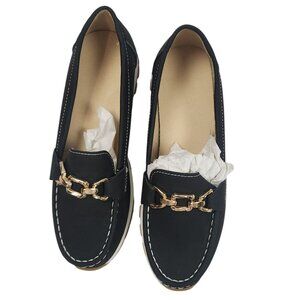 Black Loafers W/ Gold Buckle Accent Women Size 8 (EU41) Stylish Casual Comfort